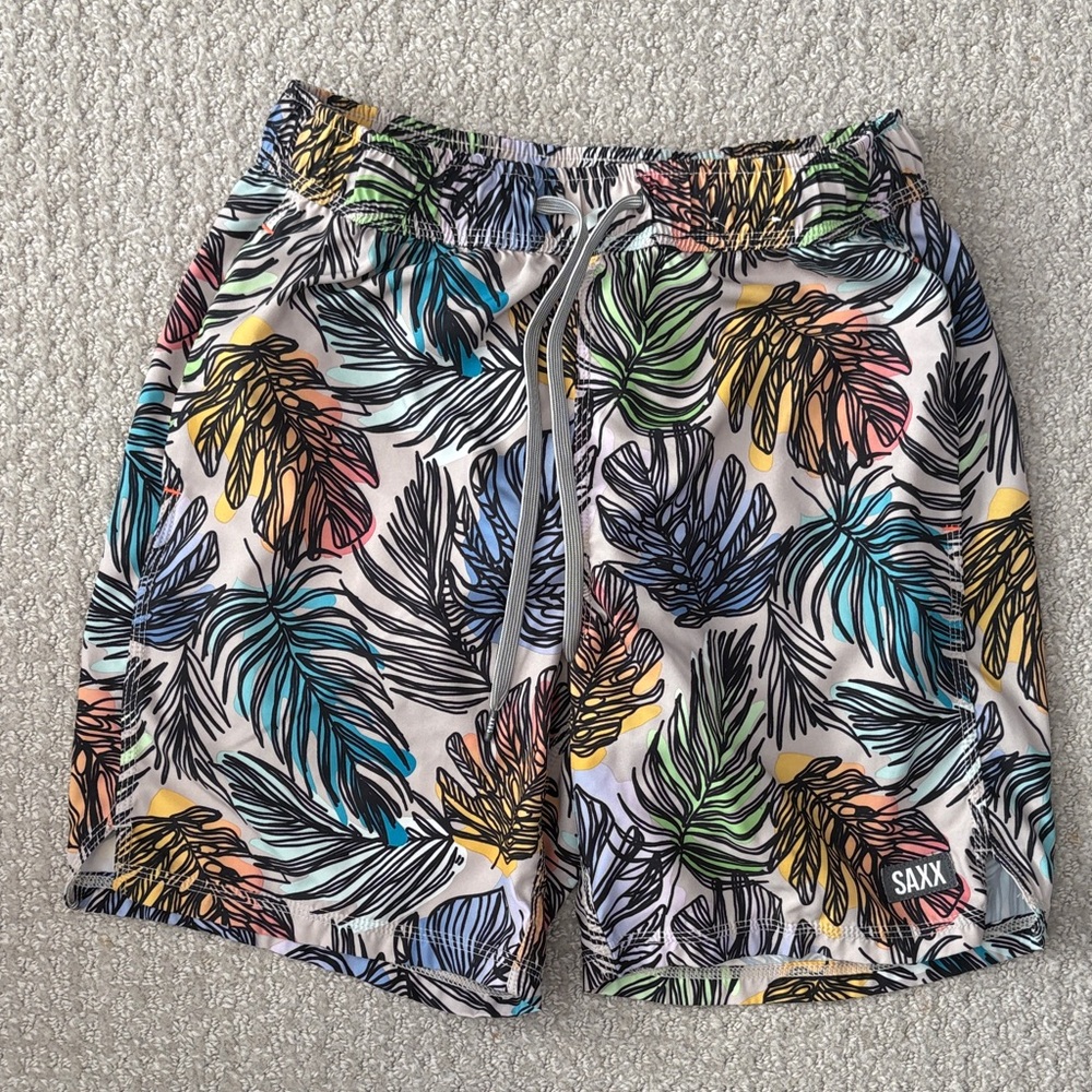 Saxx Colorful Leaf Pattern Swim Trunks Like New